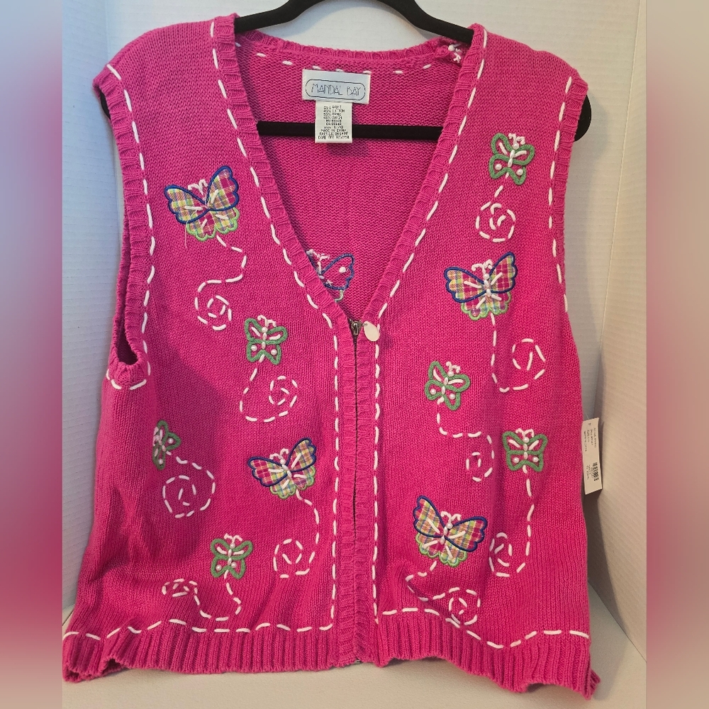 Vintage Mandal Bay Sweater Vest Pink Butterflies Zip Up Embroidered Large